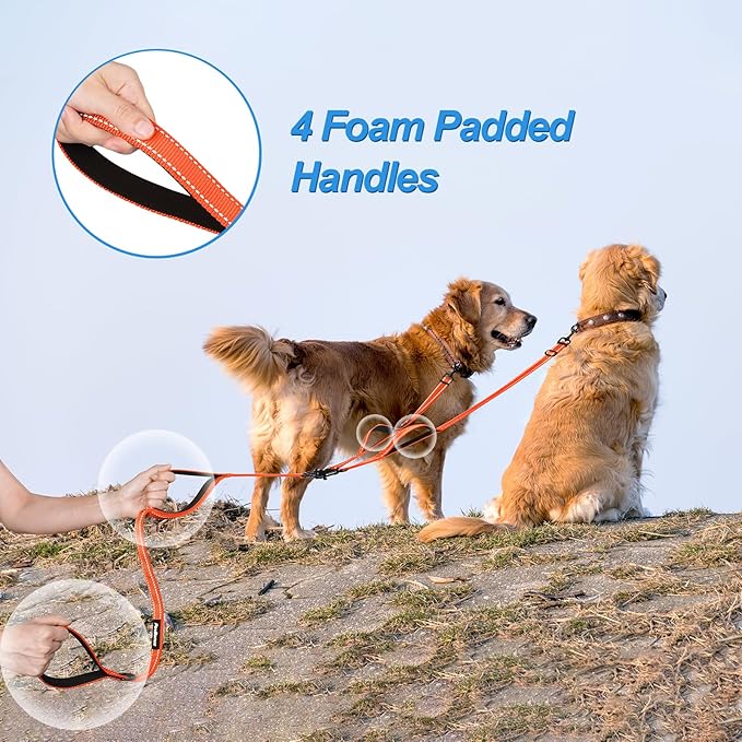 PetBonus Double Dog Leash, No Tangle Dual Leash, Reflective Walking Training Lead, 4 Comfortable Padded Handles for 2 Dogs with Collapsible Bowl and Waste Bags (Orange, Large)