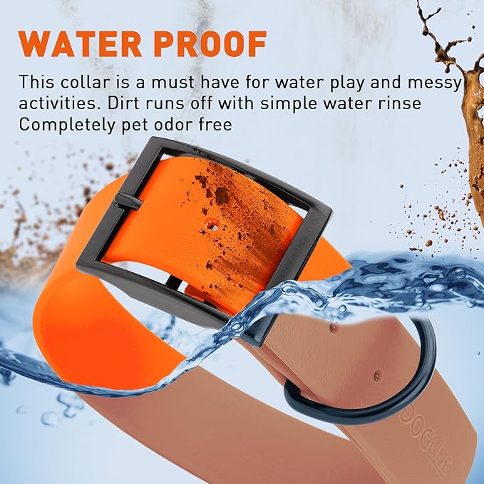 Dogline Biothane Waterproof Dog Collar Strong Coated Nylon Webbing with Black Hardware Odor- Proof for Easy Care Easy to Clean High Performance Fits Small Medium or Large Dogs, Hunter Orange