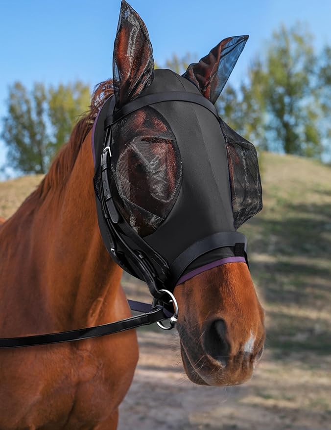 Horse Fly Mask with Ears, UV Protection for Horses, Elasticity with Big Mesh Eye Covers, Snug Fitting Comfortable Breathable Lightweight for Horses Black Cob