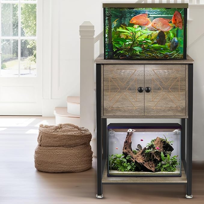 5-10 Gallon Fish Tank Stand, Heavy Duty Aquarium Stand with Cabinet & Power Outlets for Fish Tank Accessories Storage, Double Tank Stand 20.5" L* 11" W Tabletop, 220LBS Capacity, Grey
