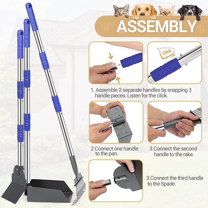 Heeyoo Dog Pooper Scooper, Dog Poop Tray and Rake Set, Pet Waste Removal Scoop with Long Adjustable Sectional Stainless Handles
