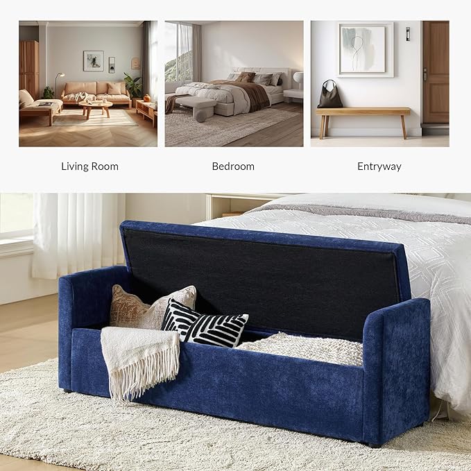 HULALA HOME Modern Storage Ottoman Bench with Throw Pillows, 59.4" Extra Long Bedroom Bench for End of Bed, Comfy Upholstered Footstool for Entryway Living Room Dining Room, Navy