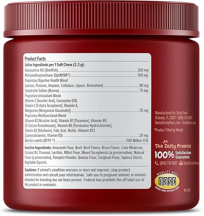 Zesty Paws Dog Multivitamin, Chewable Dog Vitamins and Supplements for Hip & Joints, Skin & Coat, Omega 3 Fish Oil for Dogs- Senior & Puppy Multivitamin - Bison- 90ct