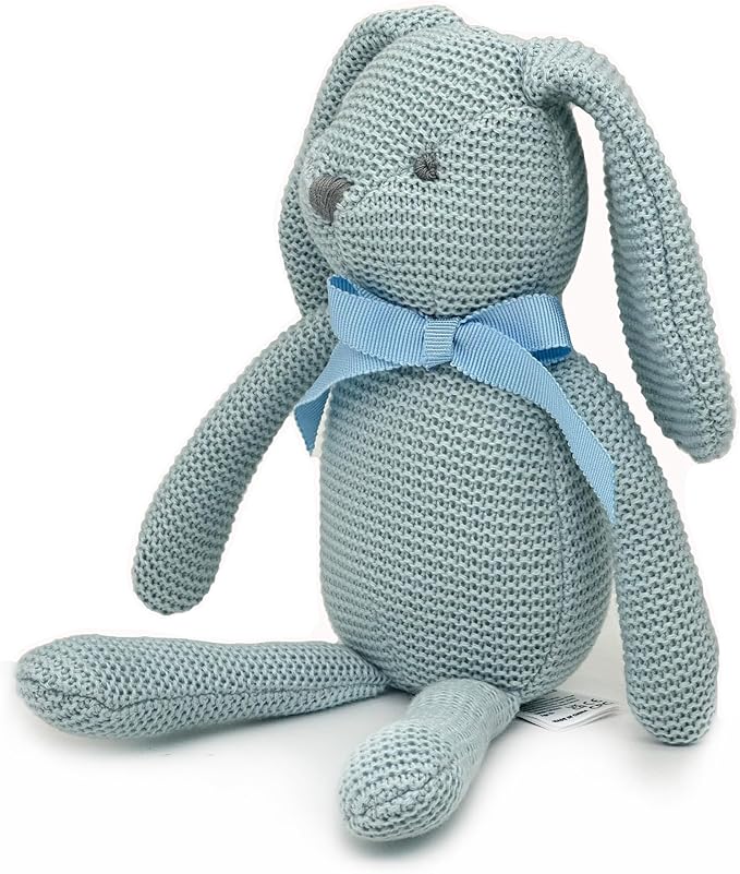 100% Organic Cotton Baby Toys Blue Bunny Rabbit Stuffed Animals for Newborn 7.1"