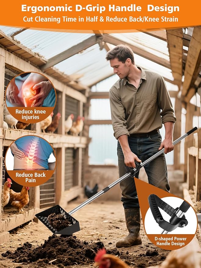 Chicken Poop Scooper with Ergonomic D-Grip 64" Long Handle 4 Sections Adjustable Stainless Steel Chicken Coop Scooper for Sand Sifting Shovel Farm Beach Garden Yard Waste Litter Pooper Cleaning Tools