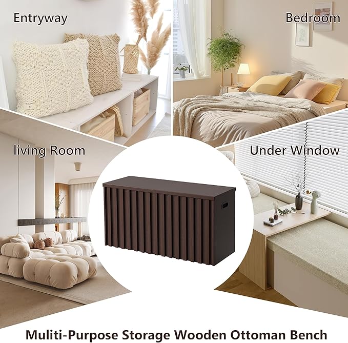 UEV Storage Bench Set of 2, 39.4" Wood Storage Trunk with 2 Safety Hinges, Sturdy Storage Chest, Fluted Wood Leg, Walnut