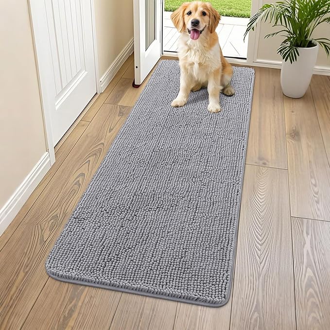 Smiry Dog Door Mat for Muddy Paws 54x24, Absorbs Moisture and Dirt Doormat, Non-Slip Washable Quick Dry Chenille Front Door Mat Indoor Entrance, Entryway Carpet for Inside Floor, Grey