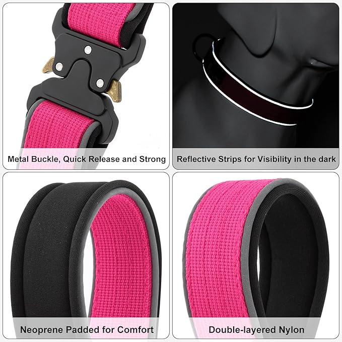 Plutus Pet Tactical Dog Collar, Reflective, Adjustable Heavy Duty Dog Collar, Soft Padded and Comfortable, for Small Medium and Large Dogs (Hot Pink, S)