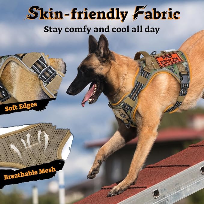 rabbitgoo Dog Harness for Large Dogs No Pull, Tactical Service Pet Vest with Molle and Control Handle, Adjustable and Reflective Military Harness for Easy Walking and Training, Brown camo, XL