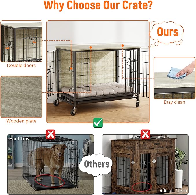 Dog Crate Furniture, 27.2" Small Dog Kennel Wooden Dog Crate with Pull-Out Tray, Double Doors, Modern End Table for Small/Medium Dogs, Rustic Brown