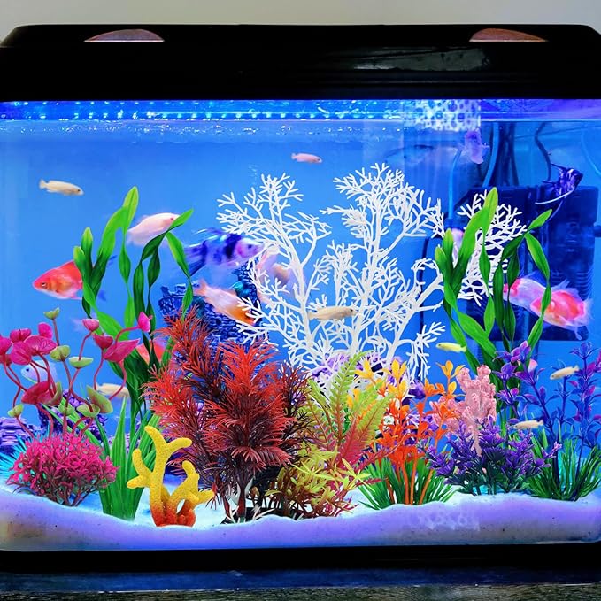 Aquarium Decorations Plants with Resin Coral, 12 pcs Fish Tank Accessories, Fish Tank Decorations Small Plants Plastic, Aquarium Decor Artificial Plant