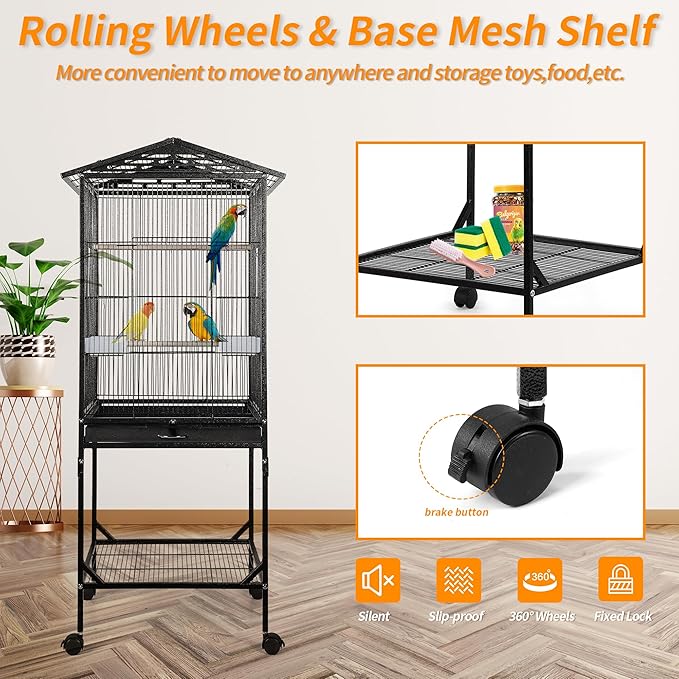 Bird Cage 47 inch Wrought Iron Parakeets Cage with Play Open Top and Rolling Stand Medium Small Bird Cage for Parrots, Budgerigars, Parakeets, Cockatiels, Lovebirds