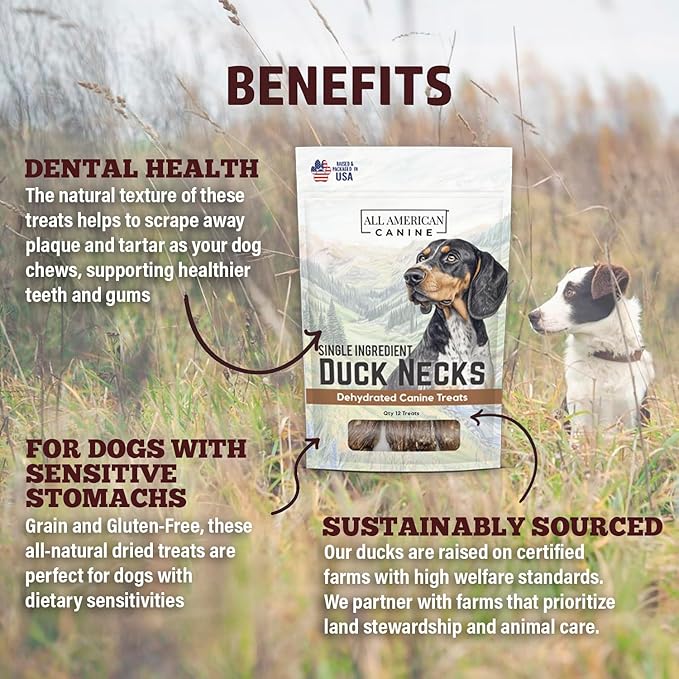 12 Natural Duck Neck Dog Treats – Single Ingredient, Dehydrated & Chewy – Low-Fat, High-Protein Training Reward – Made in USA