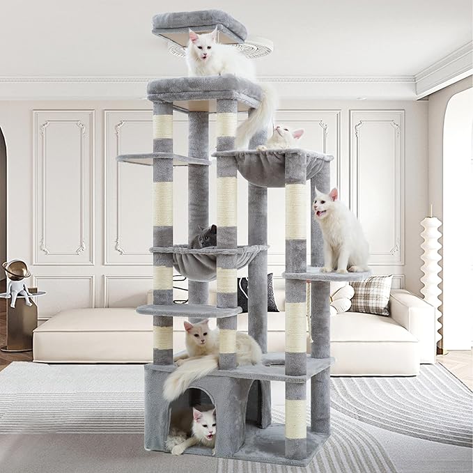 Heybly Heavy Duty Cat Tree, 71-Inch Tall Tower for Large Maine Coon with Extra-Large Baseboard, Cat Condo Furniture with Multi-Level Platforms, 2 Hammocks and 12 Scratching Posts, Light Gray HCT037W