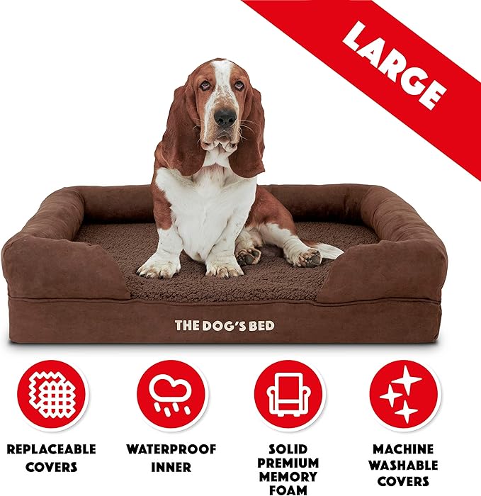 The Dog’s Bed, Large Brown Plush 36x27, Memory Foam, Pain Relief: Arthritis, Hip & Elbow Dysplasia, Post Surgery, Lameness, Supportive, Calming, Waterproof Washable Cover, Veterinary Approved