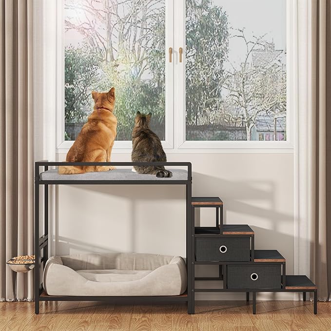 Dog Window Perch with 360° & Adjustable Raised Feeder, Pet Bunk Bed with Removable Stair and 2 Drawers, Elevated Platform Bed, Pet Elevated Seat with Cushion, Paw-Friendly Ladder