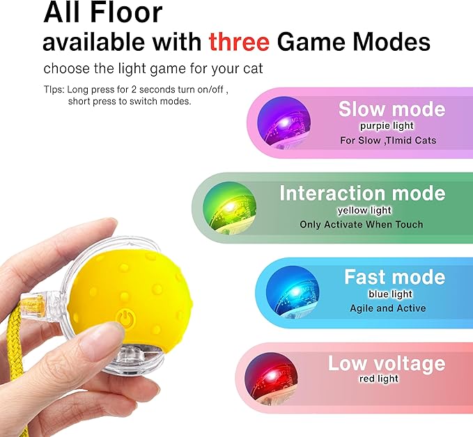 Interactive Cat Toy – Motion Activated Rolling Ball with LED Lights & 3 Play Modes & Two Different Tails - Best Toy for Indoor Cats & Kittens to Stay Active and Stimulate Hunting Instinct (Yellow)