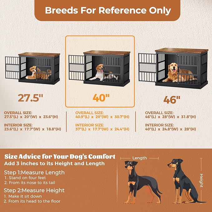 VOPEAK 40" Dog Crate Furniture, Chew Resistant Dog Crate for Dogs, Heavy Duty Dog Crates Dog Kennel Cage Indoor with Double Doors, End Table for Bedroom Living Room, Black