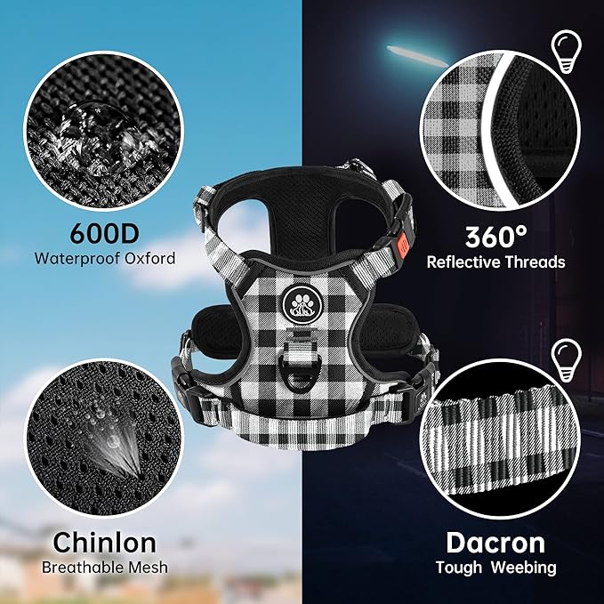 NESTROAD Dog Harness (Checkered Black,S) with Leash, Reflective, Adjustable, Soft Padded, Easy Control Handle, for Small Dogs, Front & Rear Clip Design