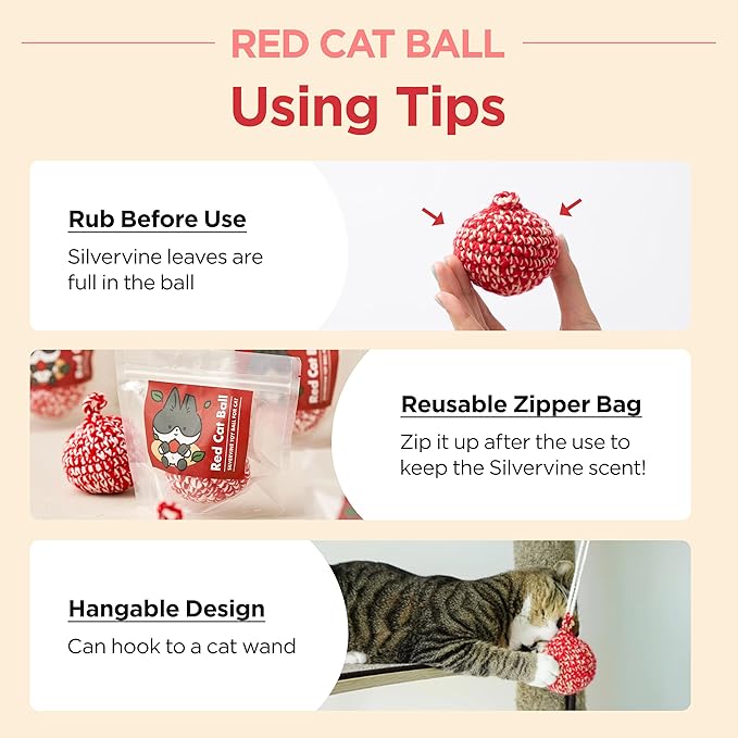 JAYU PET Red Cat Ball [W/O Bell Version] - Handmade Silvervine Cat Toy with Catnip, Interactive Matatabi Ball for Indoor Cats & Kittens, Feline Play Toy & Gift (2.7 inch)
