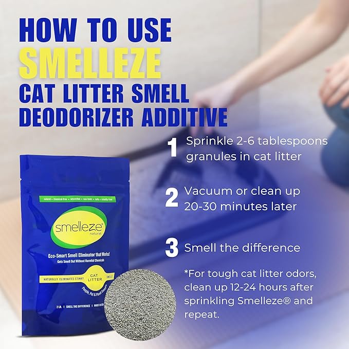 SMELLEZE Natural Cat Litter Deodorizer and Litter Box Odor Eliminator Additive for Strong Smells Unscented Kitty Litter Smell Control Safe Long-Lasting Granules for Multi Cat Homes 2 lb