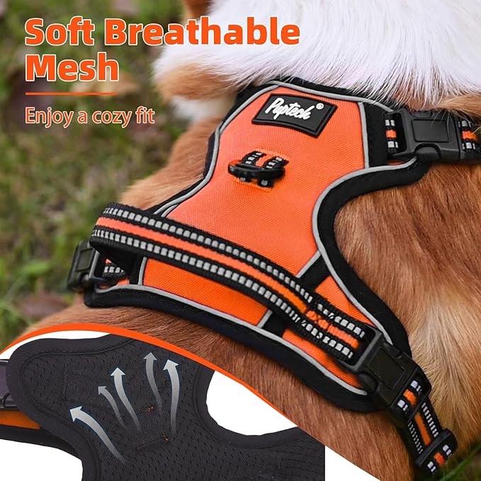PUPTECK No Pull Dog Harness for Large, Adjustable Reflective Dog Harness with Handle Easy Control, Comfortable Soft Padded Pet Vest Harness for Extra Large Dogs, Orange XL