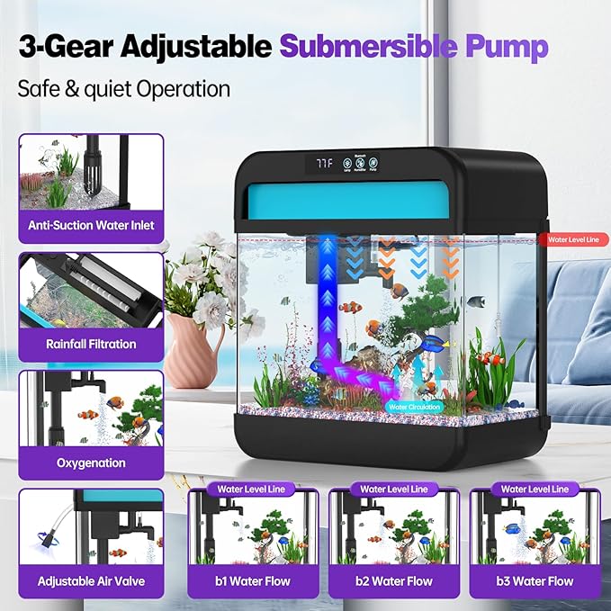 Fish Tank 2.2 Gallon Fish Aquarium with Music Humidifier 7 Color Auto-Looping Light Adjustable Water Pump with Filtration & Aeration & Circulation, Temperature Display, Bottom Water Changer