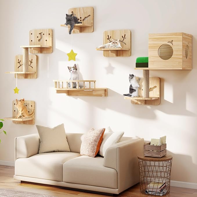 Cat Wall Shelves, Cat Wall Furniture Pine Wooden Feline Shelf, 13 Piece Shelves and Perches with Bowl, Warmer Mat, Condo, House, Steps and Cat Scratcher