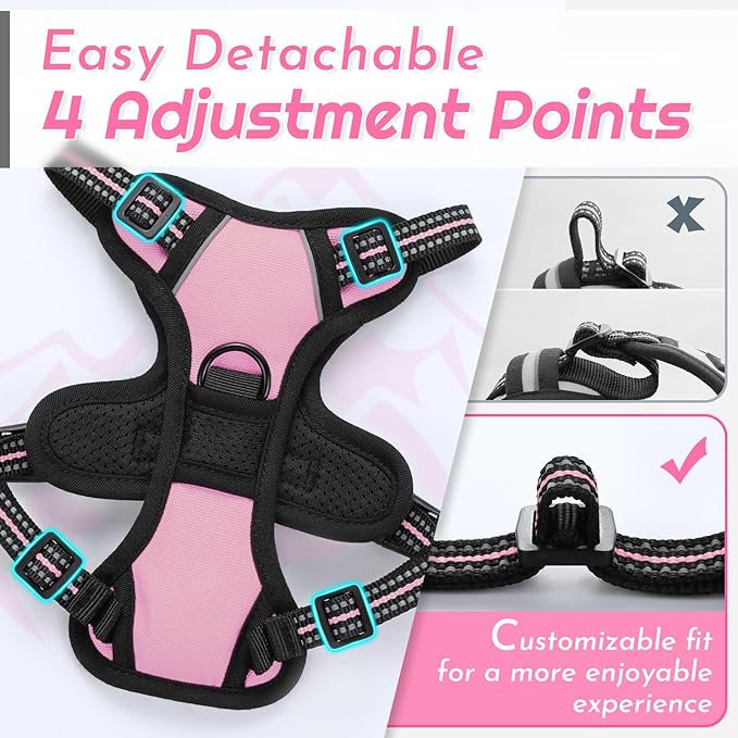 Eagloo Small Dog Harness No Pull, Service Vest with Reflective Strips and Control Handle, Adjustable and Comfortable for Easy Walking, No Choke Pet Harness with 2 Metal Rings, Pink, XS