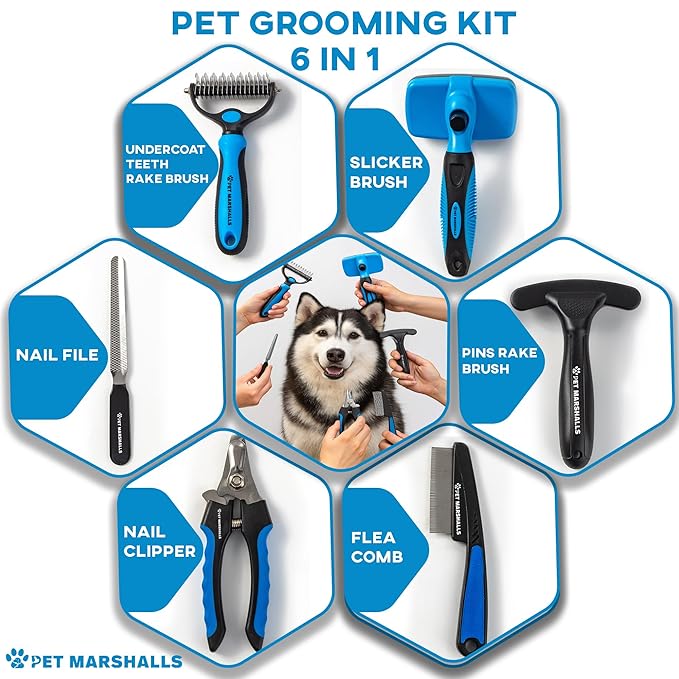 Pet Grooming Brushes Kit - 6-in-1 Complete Grooming Accessories for Deshedding, Detangling, and Dematting including Nail Clipper and File