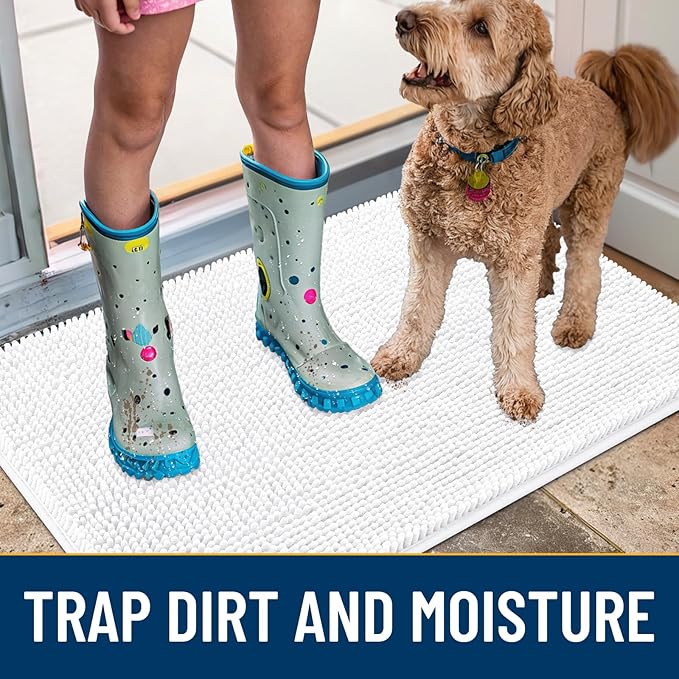 Smiry Dog Door Mat for Muddy Paws 36x24, Absorbs Moisture and Dirt Doormat, Non-Slip Washable Quick Dry Chenille Front Door Mat Indoor Entrance, Entryway Carpet for Inside Floor, White