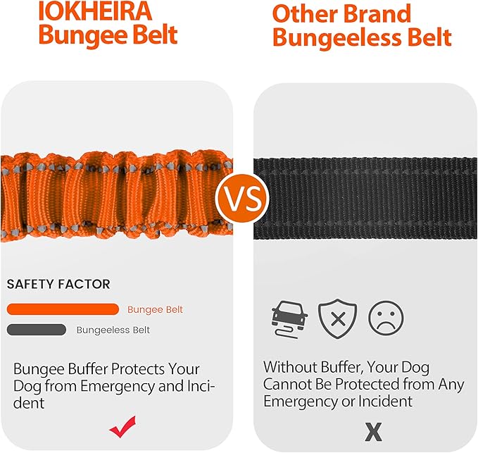 IOKHEIRA Orange Dog Seatbelt - Adjustable Reflective Bungee Harness with Aluminum Swivel Carabiner