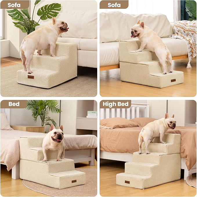 Dog Stairs for Small Dogs & Cats, 3-Step Non-Slip Pet Steps for Couch Sofa and Chair, Beige, 13.6" H