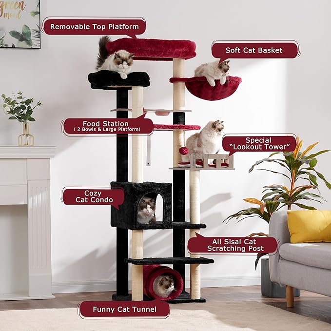 Cat Tree with Tunnel, Cat Tower for Indoor Cats, Tall Gothic Cat Tree Tower with Cat Condo, Food Station, Large Platform, Scratching Posts, Hammock, Black and Red GCT021BR