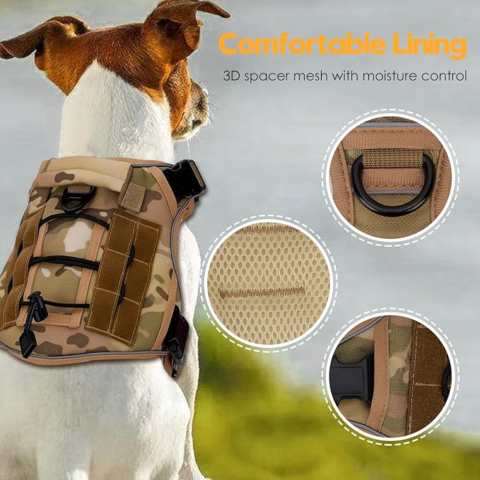 Heavy-Duty Tactical Dog Harness for Large Dogs, No Pull Adjustable Reflective Pet Vest with Molle System, K9 Military-Grade Control for Service Training, Outdoor & 10+ Breeds, Desert Camo, Small