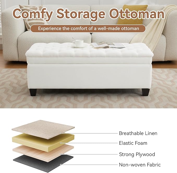 51" Fabric Storage Ottoman Bench, Upholstered Rectangle End of Bed Storage Ottoman Tufted Living Room Bedroom Bench with Safety Hinge, Solid Wood Legs, Loads 500 lb(Beige)