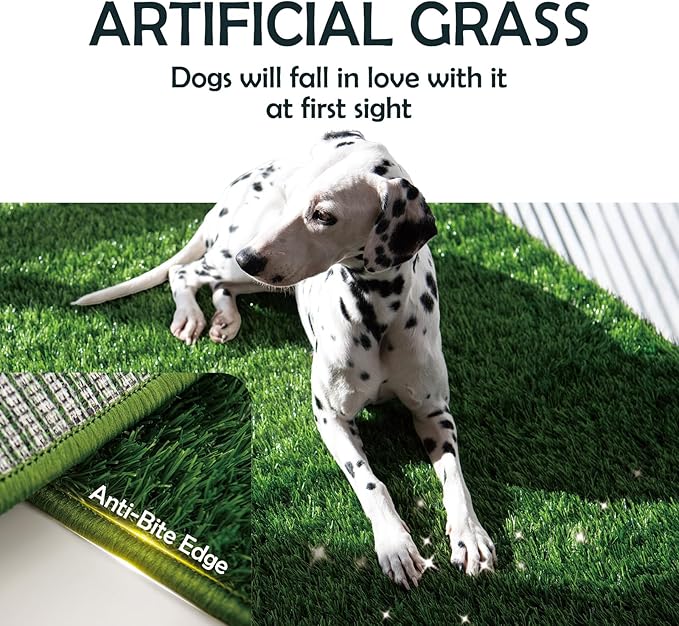 MEEXPAWS Dog Grass Pad with Foldable Dog Litter Box, Small Pee Pad Holder Foldable Liner Base High Side with Odor Free Artificial Grass for Puppy Potty Training Balcony, 2 PCS Reusable Pee Pads