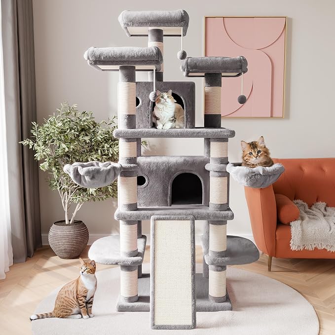 SHA CERLIN 68 Inches Multi-Level Large Cat Tree for Large Kitties/Big Cat Tower with Condo/Cozy Plush ‌Pussycat Perches/Sisal Scratching Posts and Hammocks/Activity Center/Grey
