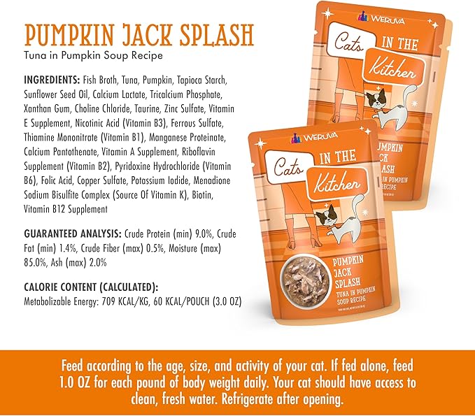 Weruva Cats in The Kitchen, Pumpkin Jack Splash with Tuna in Pumpkin Soup Cat Food, 3oz Pouch (Pack of 12)