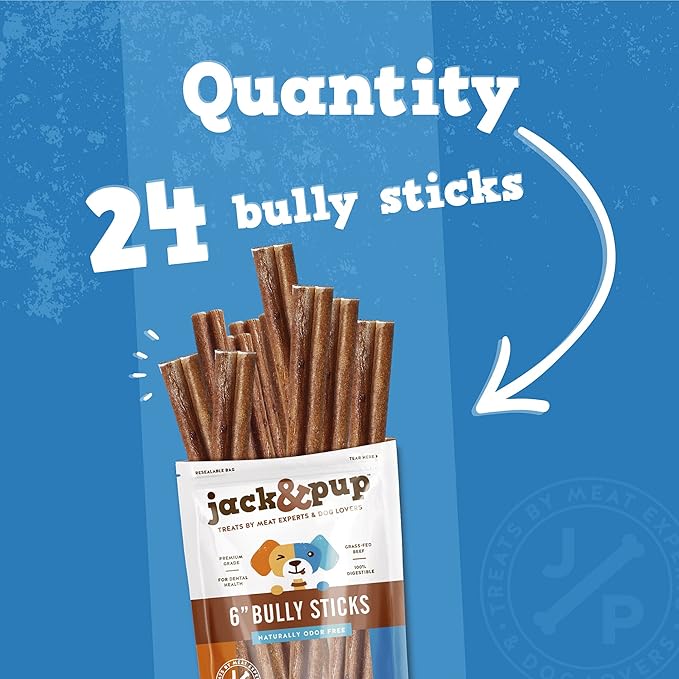Jack&Pup 6" Bully Sticks for Dogs | Jumbo Odor Free Pizzle Sticks for Large Dogs | Single Ingredient, 100% Beef (Jumbo, 24 Pack)