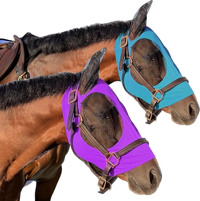 Horse Fly Mask - Arab Equine Fly Mask with Full Coverage for Eye & Ear - Stretchable UV & Sun Protection Flymask for Horses, Ponies & Mini Horses - Horse Face Cover for Pasture & Trail - Purple