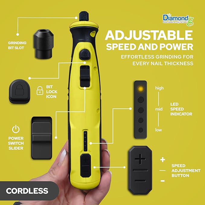 Diamondg Cordless Dog Nail Grinder with Quiet Sound & LED Tip for Large & Small Dogs, 4hrs. Runtime, 2 Bits Included, Yellow
