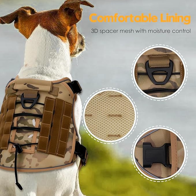 Heavy-Duty Tactical Dog Harness for Large Dogs, No Pull Adjustable Reflective Pet Vest with Molle System, K9 Military-Grade Control for Service Training, Outdoor & 10+ Breeds, Desert Camo, X-Large