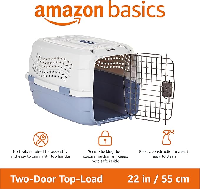 Amazon Basics 2-Door Top-Load Hard-Sided Dogs, Cats Pet Travel Carrier, Gray & Blue, 22.8"L x 15.0"W x 13.0"H