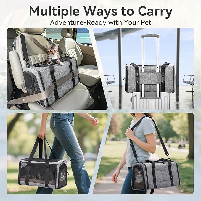 Petsfit Pet Carrier for Large Cats, Cat Carrier for Medium Cats and Puppy up to 20lbs, 4-Sided Breathable Mesh, Escape Proof and Locking Zipper, Sturdy Structure,Grey