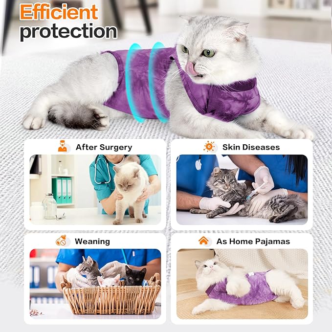 Purrfect Recovery Suit for Cats - Abdominal Wound Protection, Cone Alternative, Purple M