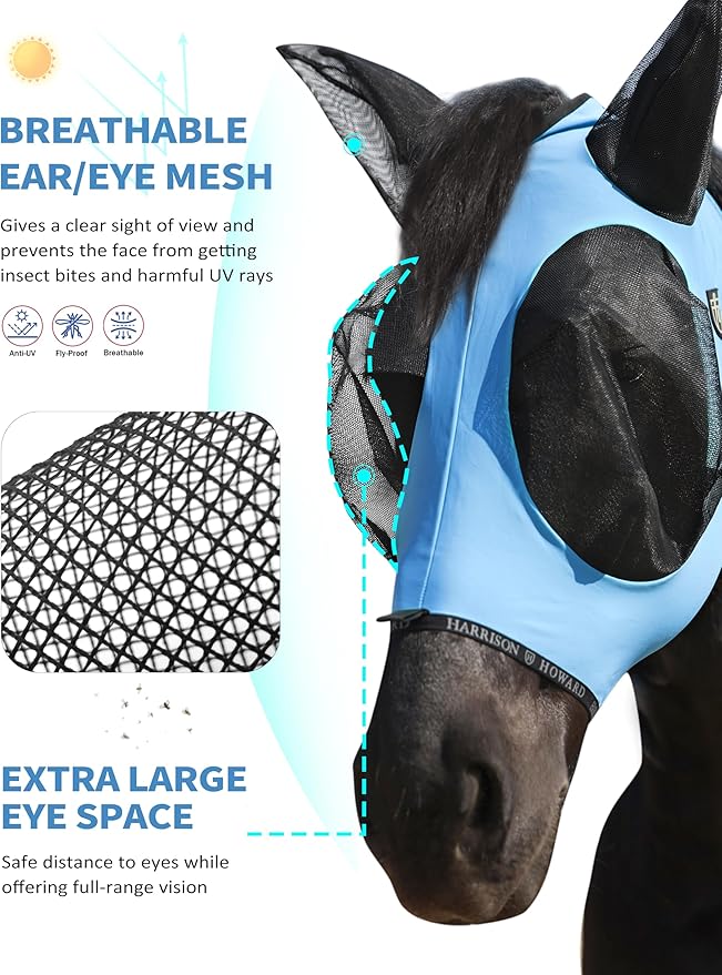 Harrison Howard Horse Fly Mask with Forelock Opening Stretch Breathable and Comfortable for Horses UV -Protection Ice Blue L