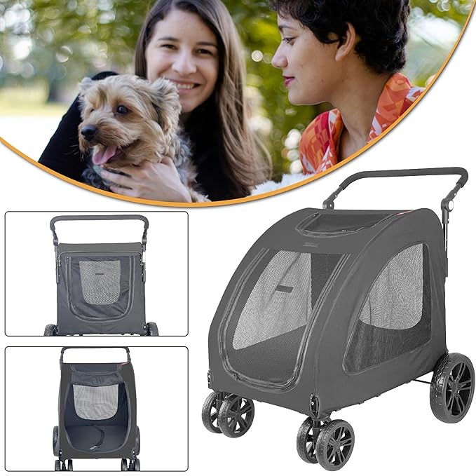 Extra Large Dog Stroller for Medium & Large Pets - Foldable Design, Adjustable Handle, Up to 130 lbs(Black)