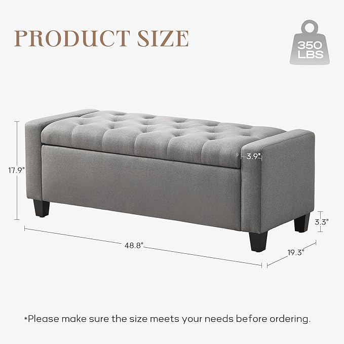 Ottoman with Storage, 48.8" Fabric Storage Ottoman Bench with Hinge, Bedroom Bench, Upholstered Benches with Seating for Living Room, Entryway (Grey)
