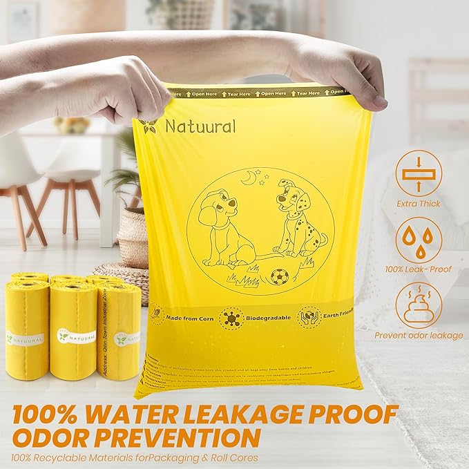 Dog Poop Bags Rolls-600 Counts, 40Rolls, Biodegradable Poop Bags Made of Cornstarch, 100% Leak Proof and Easy to Open (Yellow)